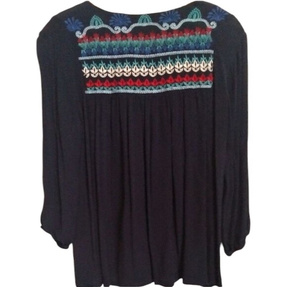 Solitaire Women's Top Blouse Peasant Smock Navy Boho Embroidered Tassels Size L - Picture 2 of 10
